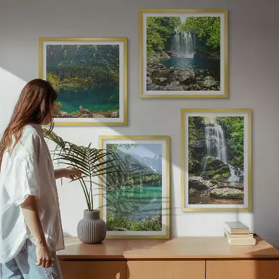 Set of 4 wall art pieces featuring waterfalls in green surroundings