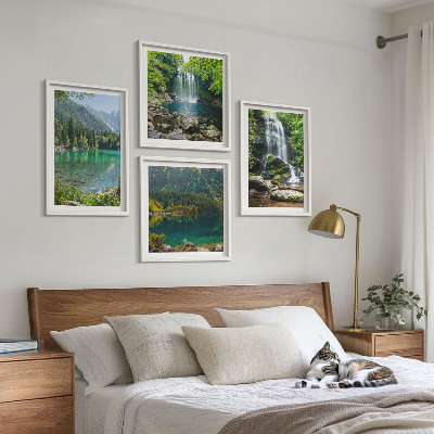 Set of 4 wall art pieces Waterfalls in green surroundings