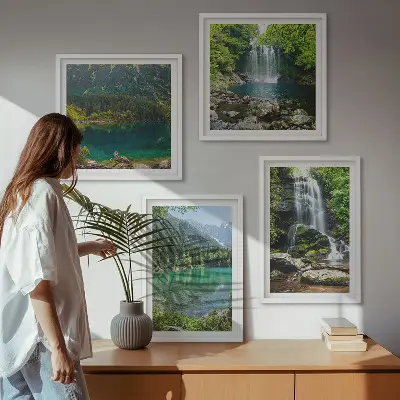 Set of 4 wall art pieces featuring waterfalls in green surroundings