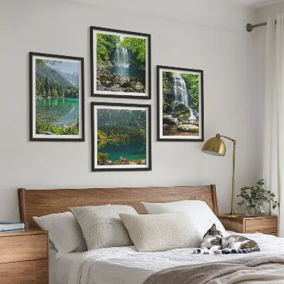 Set of 4 wall art pieces featuring waterfalls in green surroundings