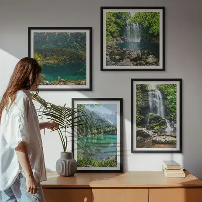 Set of 4 wall art pieces featuring waterfalls in green surroundings
