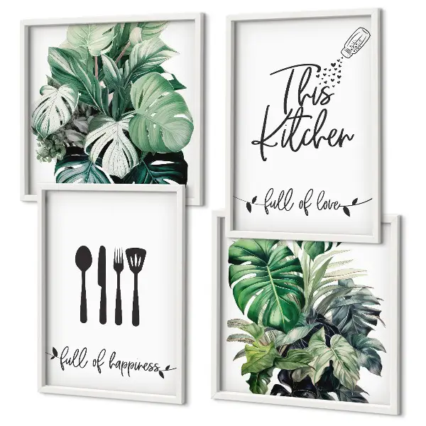 Wall art set kitchen utensil patterns with leaves