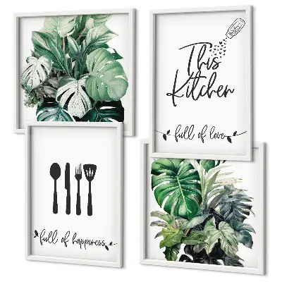 Wall art set kitchen utensil patterns with leaves