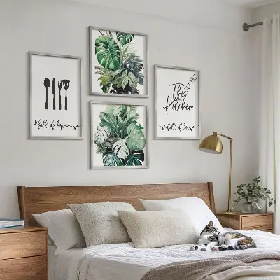 Wall art set kitchen utensil patterns with leaves