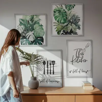 Wall art set kitchen utensil patterns with leaves