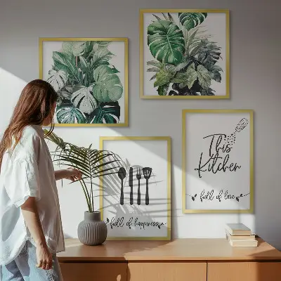 Wall art set kitchen utensil patterns with leaves
