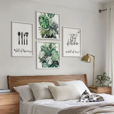 Wall art set kitchen utensil patterns with leaves