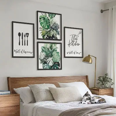 Wall art set kitchen utensil patterns with leaves