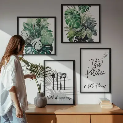 Wall art set kitchen utensil patterns with leaves