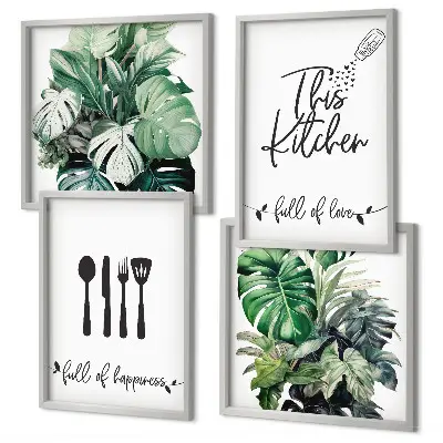 Wall art set kitchen utensil patterns with leaves