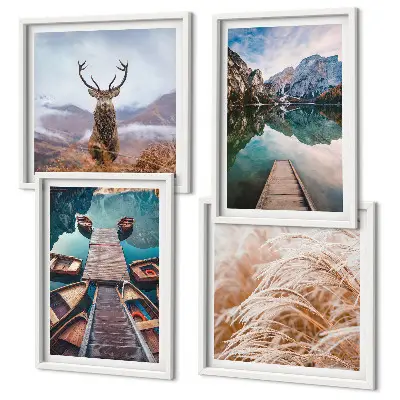 Lake boats, deer, and mountains wall art set of 4 pieces