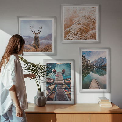 Set of 4 wall art pieces Lake boats deer mountains