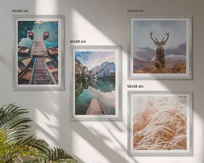 Lake boats, deer, and mountains wall art set of 4 pieces