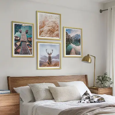 Lake boats, deer, and mountains wall art set of 4 pieces