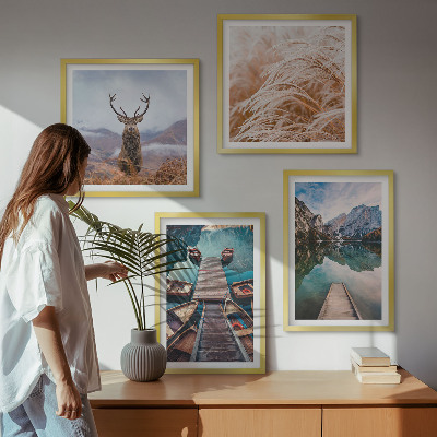 Set of 4 wall art pieces Lake boats deer mountains