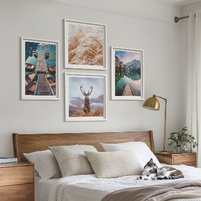 Set of 4 wall art pieces Lake boats deer mountains