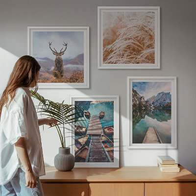 Set of 4 wall art pieces Lake boats deer mountains