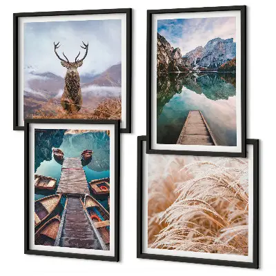 Lake boats, deer, and mountains wall art set of 4 pieces
