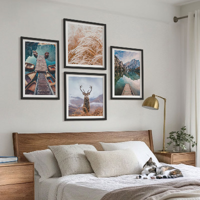Set of 4 wall art pieces Lake boats deer mountains