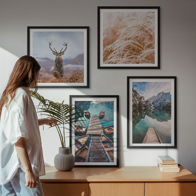 Set of 4 wall art pieces Lake boats deer mountains