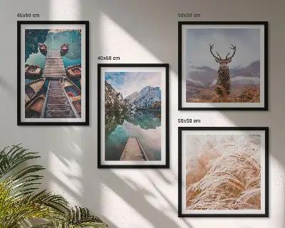 Lake boats, deer, and mountains wall art set of 4 pieces