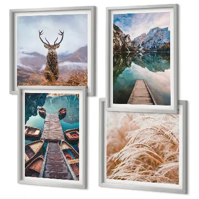 Lake boats, deer, and mountains wall art set of 4 pieces
