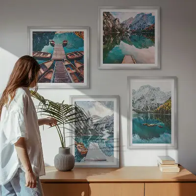 Multi-piece wall art set with lake, bridge, and mountain scenery