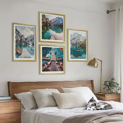 Multi-piece wall art set with lake, bridge, and mountain scenery