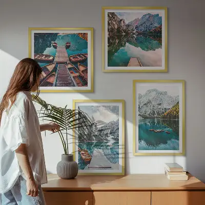 Multi-piece wall art set with lake, bridge, and mountain scenery