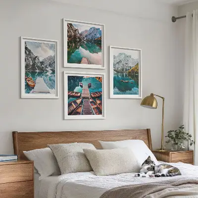Multi-piece wall art set with lake, bridge, and mountain scenery