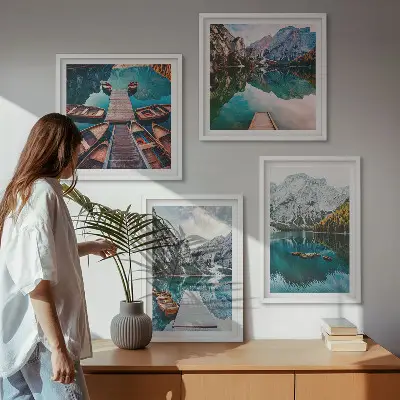 Multi-piece wall art set with lake, bridge, and mountain scenery