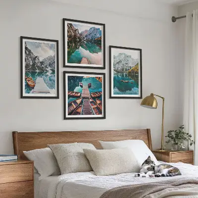 Multi-piece wall art set with lake, bridge, and mountain scenery