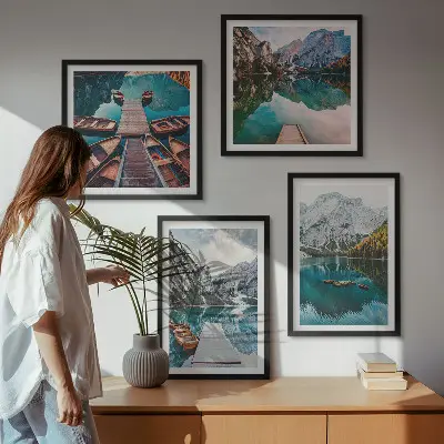 Multi-piece wall art set with lake, bridge, and mountain scenery