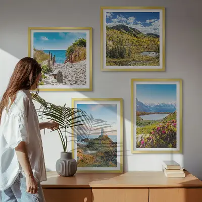 Set of 4 wall art pieces featuring beach, lighthouse, mountain, and meadow flower scenes