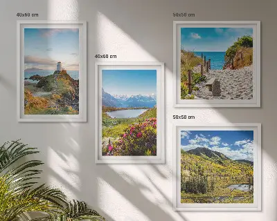 Set of 4 wall art pieces featuring beach, lighthouse, mountain, and meadow flower scenes
