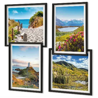 Set of 4 wall art pieces featuring beach, lighthouse, mountain, and meadow flower scenes