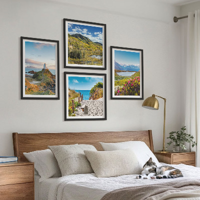Set of 4 wall art pieces Beach, lighthouse, mountains, meadows, flowers