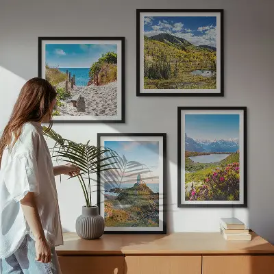 Set of 4 wall art pieces featuring beach, lighthouse, mountain, and meadow flower scenes