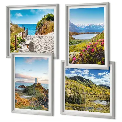 Set of 4 wall art pieces featuring beach, lighthouse, mountain, and meadow flower scenes