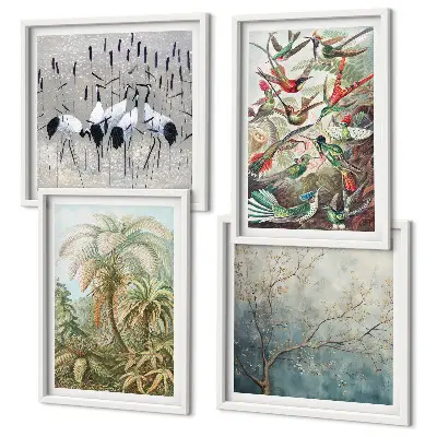 Tropical plants and birds wall art set of 4 pieces