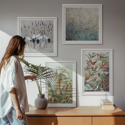 Set of 4 wall art pieces Tropical plants birds nature