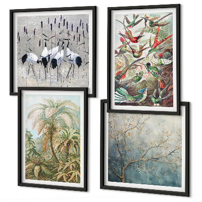 Set of 4 wall art pieces Tropical plants birds nature