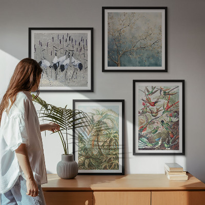 Set of 4 wall art pieces Tropical plants birds nature