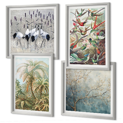 Set of 4 wall art pieces Tropical plants birds nature