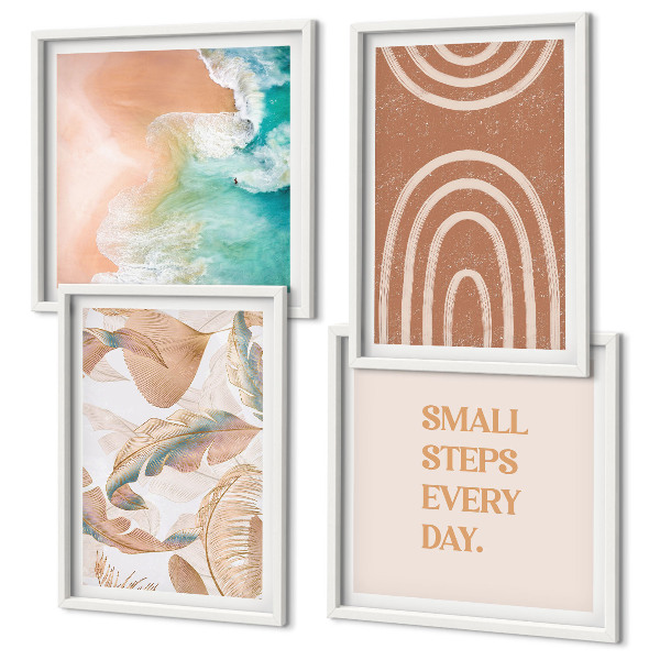 Set of 4 wall art pieces Delicate boho leaves lettering