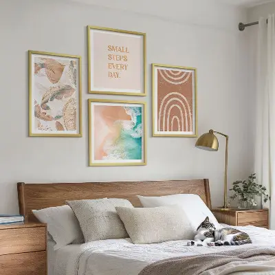 Set of 4 boho leaf wall art prints with delicate lettering