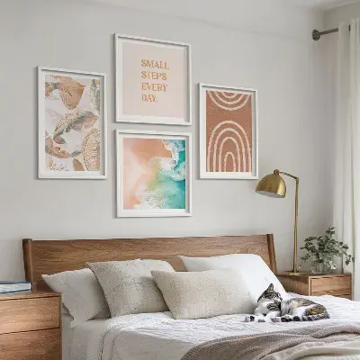 Set of 4 boho leaf wall art prints with delicate lettering