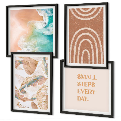 Set of 4 wall art pieces Delicate boho leaves lettering
