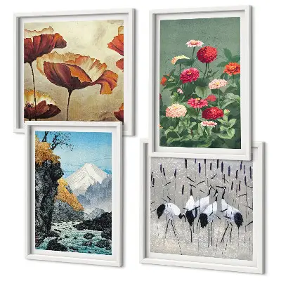 Set of 4 wall art pieces featuring mountains, waterfall, birds, and flowers