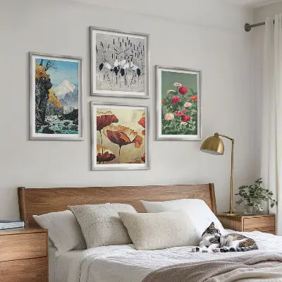 Set of 4 wall art pieces featuring mountains, waterfall, birds, and flowers